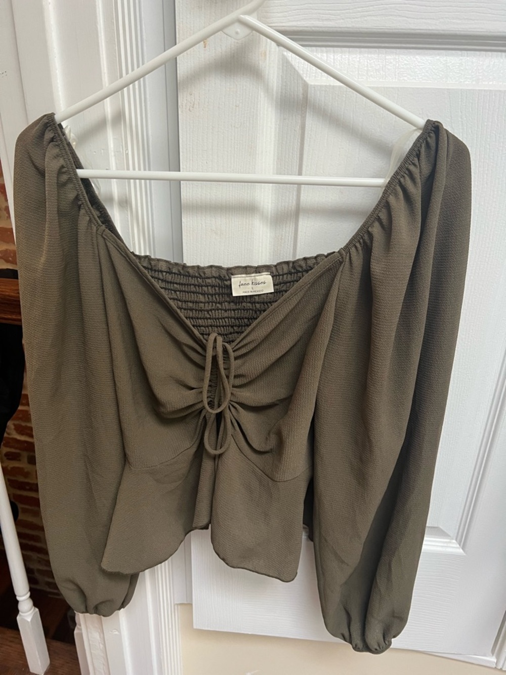 Free People Olive Off-Shoulder Tie-Front Peasant Blouse